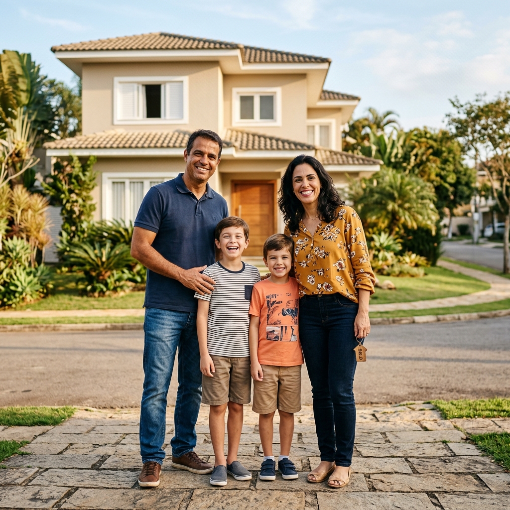 Família comemorando na sala de estar da nova casa